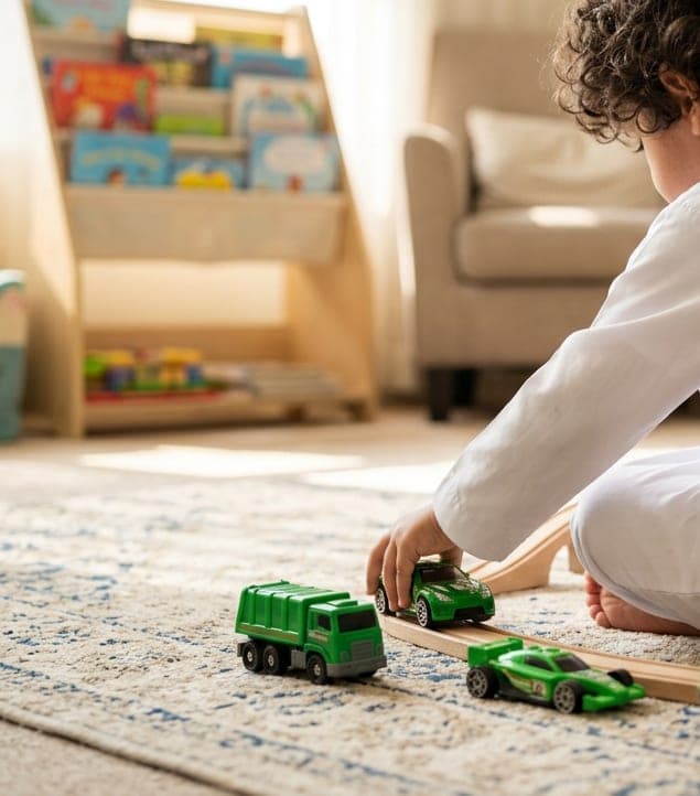 طفل يلعب بسيارات خشبية في غرفة منزلية