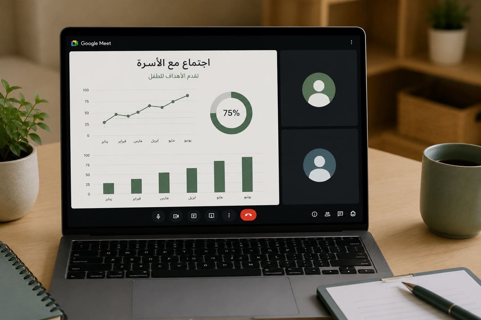 A remote follow-up meeting showing progress charts for a child's goals.