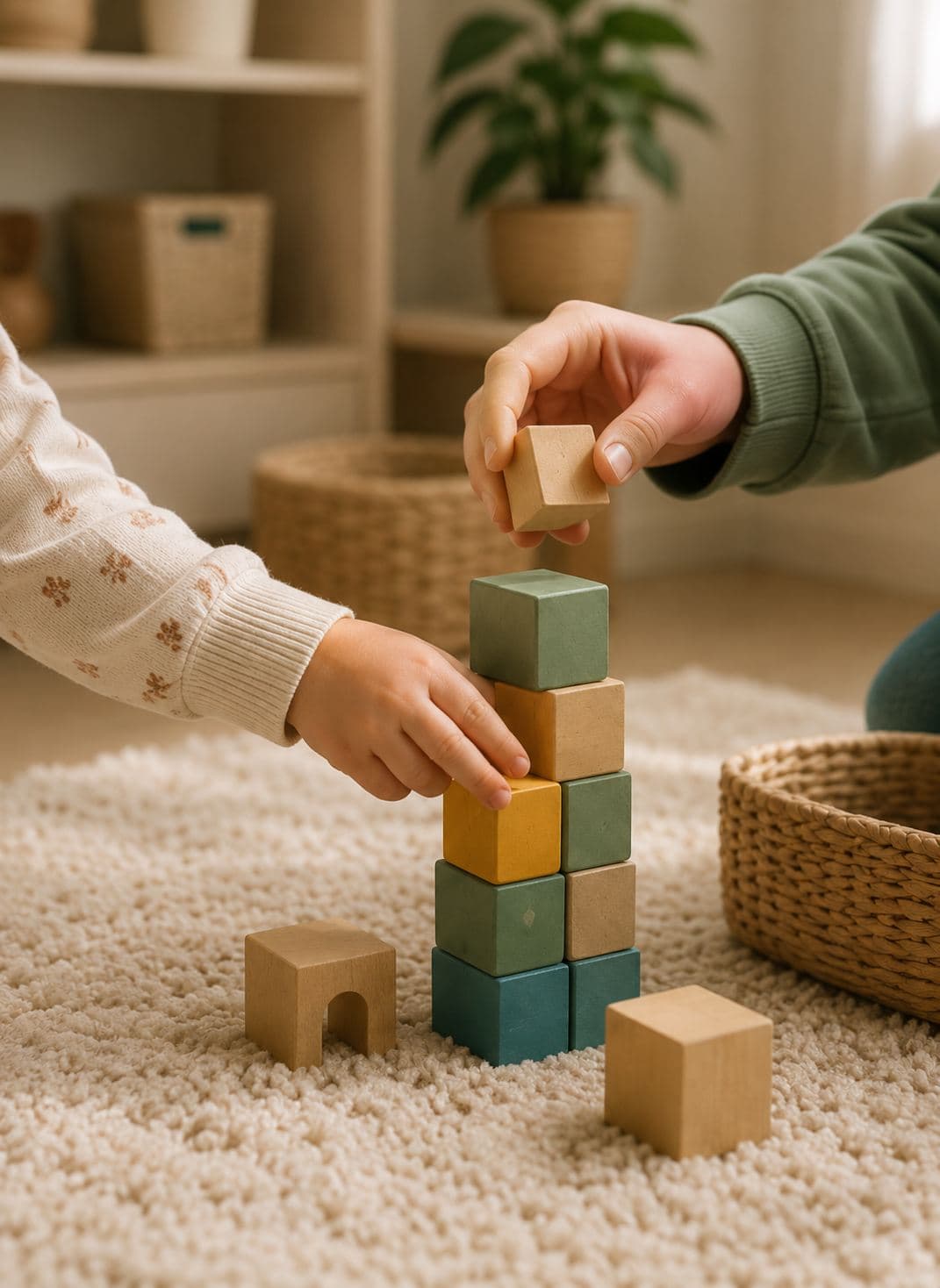 A child's and a therapist's hands building a tower of colored wooden blocks.