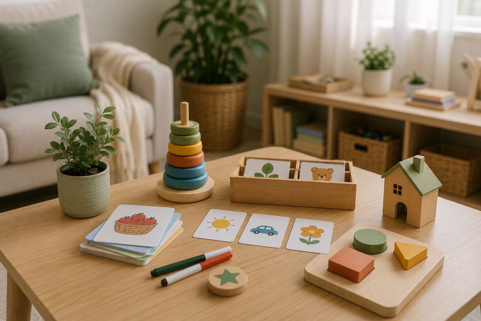 A home-session table set with picture cards and wooden learning toys.