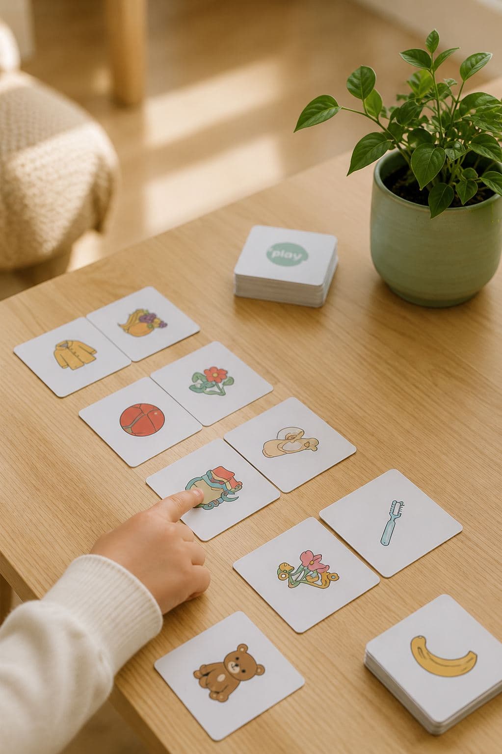 A child's hand pointing at picture cards on a wooden table.