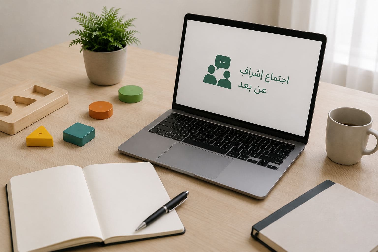 حاسوب محمول على مكتب يعرض شاشة اجتماع إشراف عن بُعد